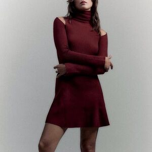 Zara Burgundy Skater Dress with Cutout Shoulders Size M